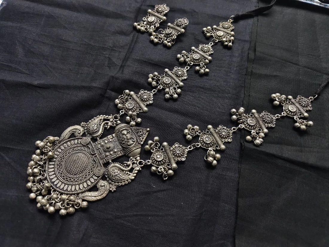 Handcrafted oxidized long necklace set with antique silver finish and earrings from Berhampore, Murshidabad