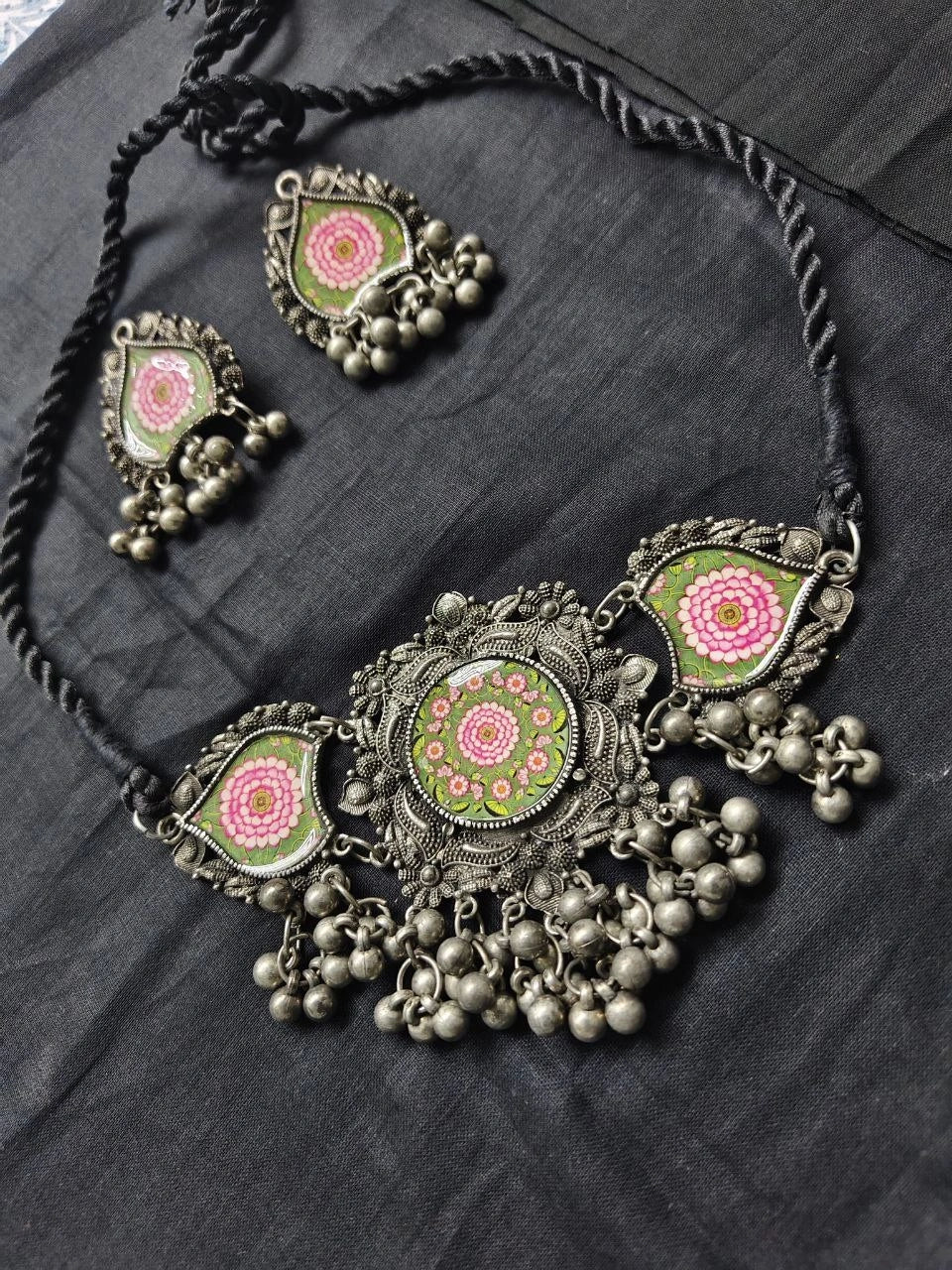 Handcrafted oxidized necklace set with floral design and earrings from Berhampore, Murshidabad