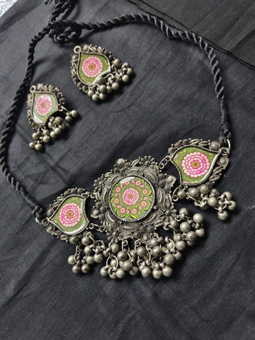Handcrafted oxidized necklace set with floral design and earrings from Berhampore, Murshidabad