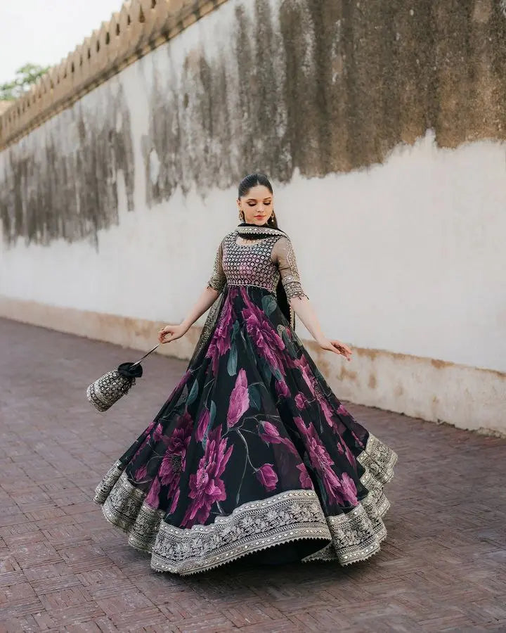 Embroidered party gown front view