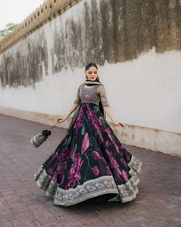 Embroidered party gown front view