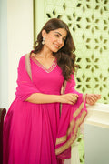 Festive Party Wear Long Flowy Gown Set with Intricate Embroidery & Dupatta