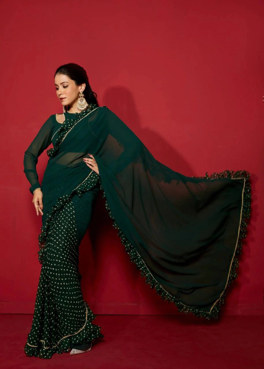 Pearl lace border detail on party wear saree