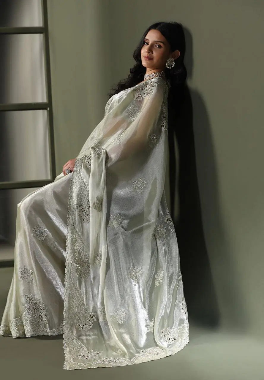 Burberry Silk Saree With Embroidery Cutwork and Stone Work Indian Party Saree NextBuy