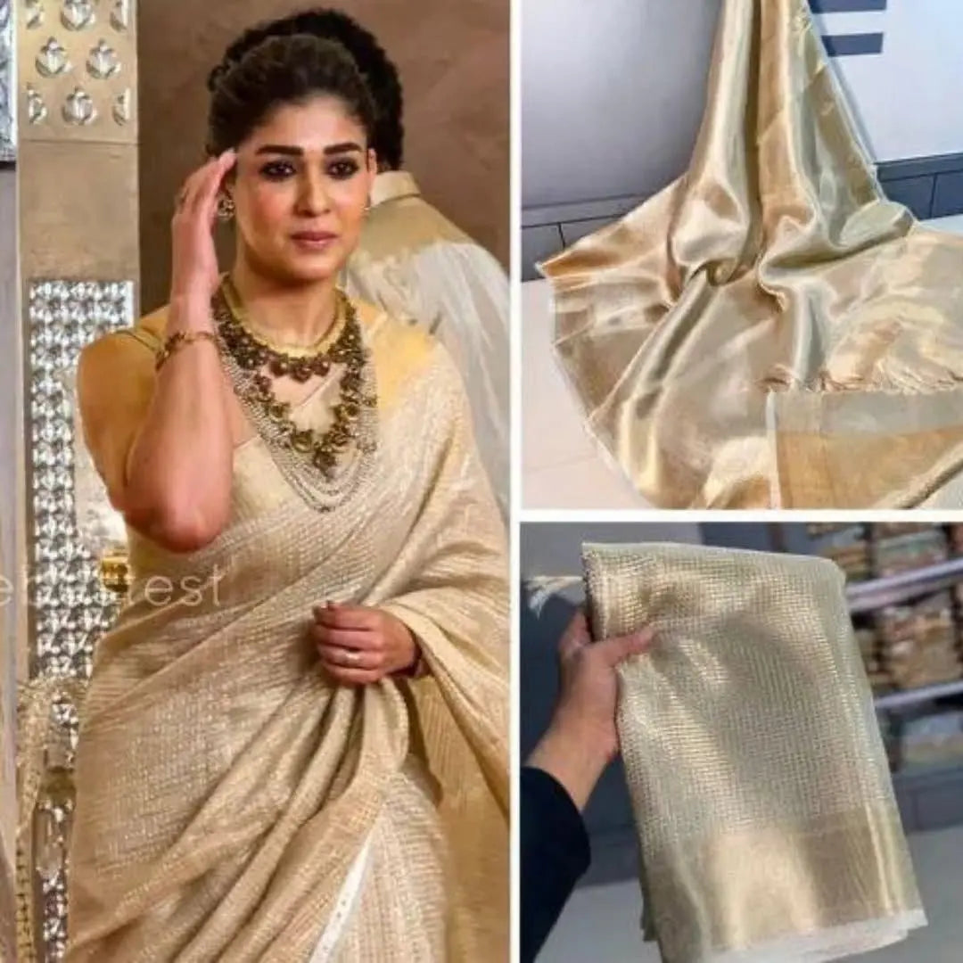 Launching: Nayanthara-Inspired Golden Banarasi Handloom Tissue Silk Saree NextBuy