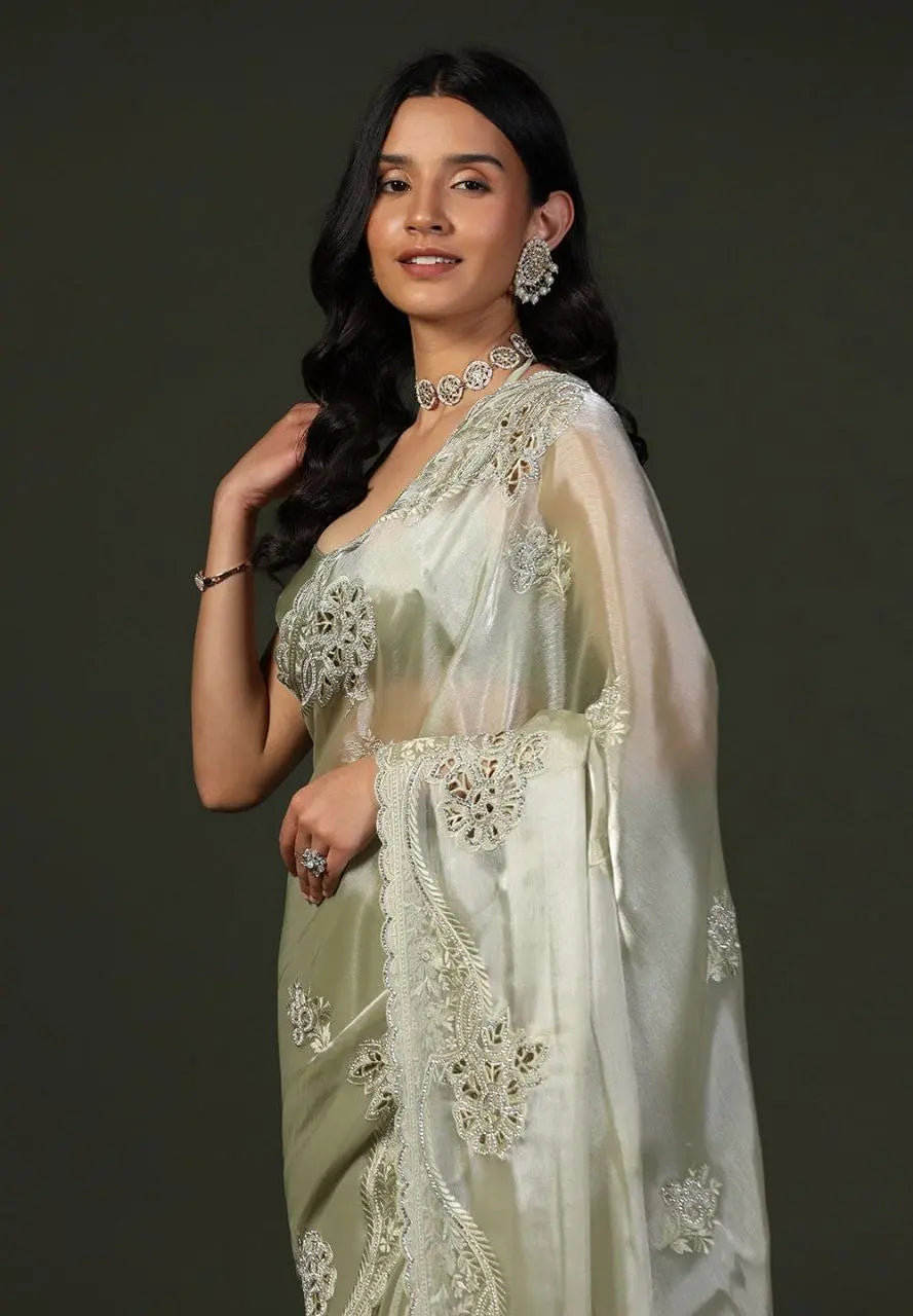 Burberry Silk Saree With Embroidery Cutwork and Stone Work Indian Party Saree NextBuy