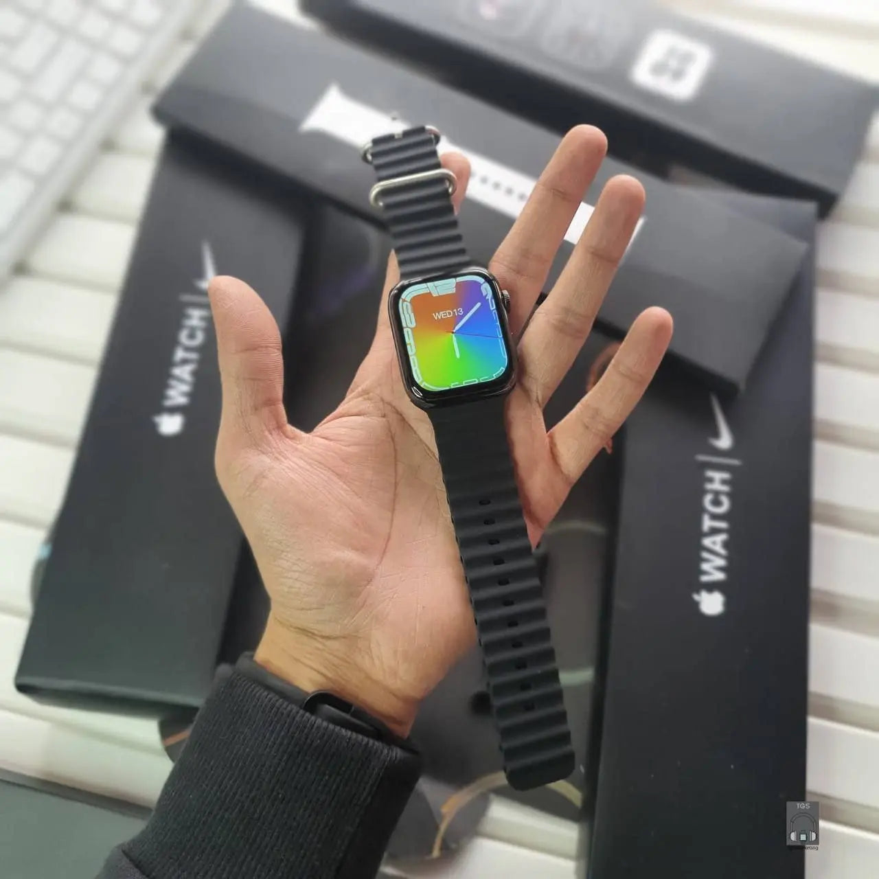 Premium Smartwatch with Apple Branding – The Series 8 smartwatch offers a stylish ocean strap, health tracking features, and a sleek design for everyday wear.