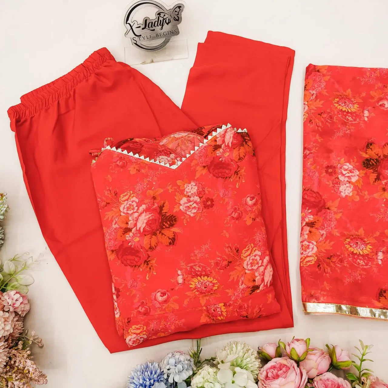 Women Orange Floral Printed Kurta with Trousers & With Dupatta NextBuy