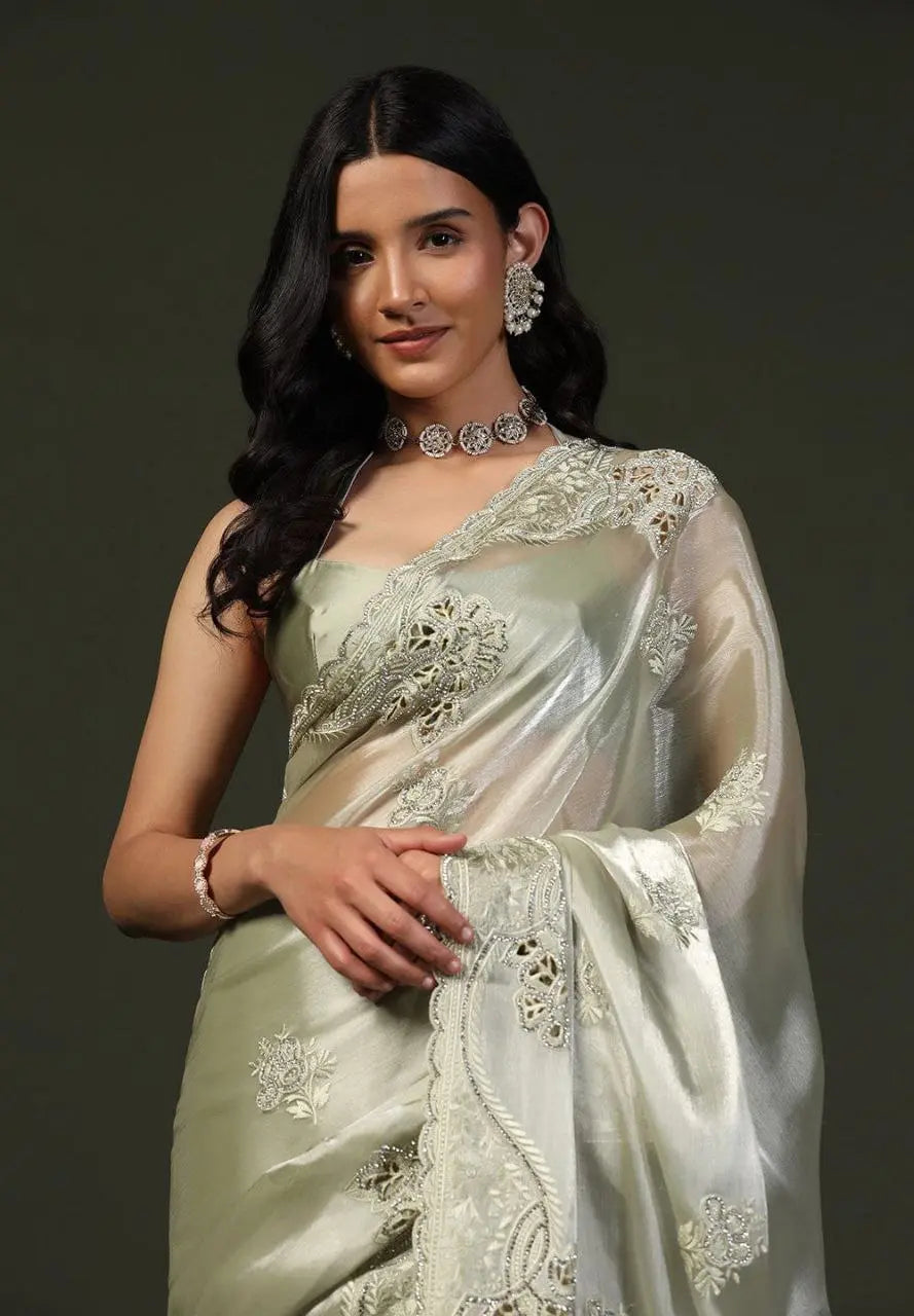 Burberry Silk Saree With Embroidery Cutwork and Stone Work Indian Party Saree NextBuy
