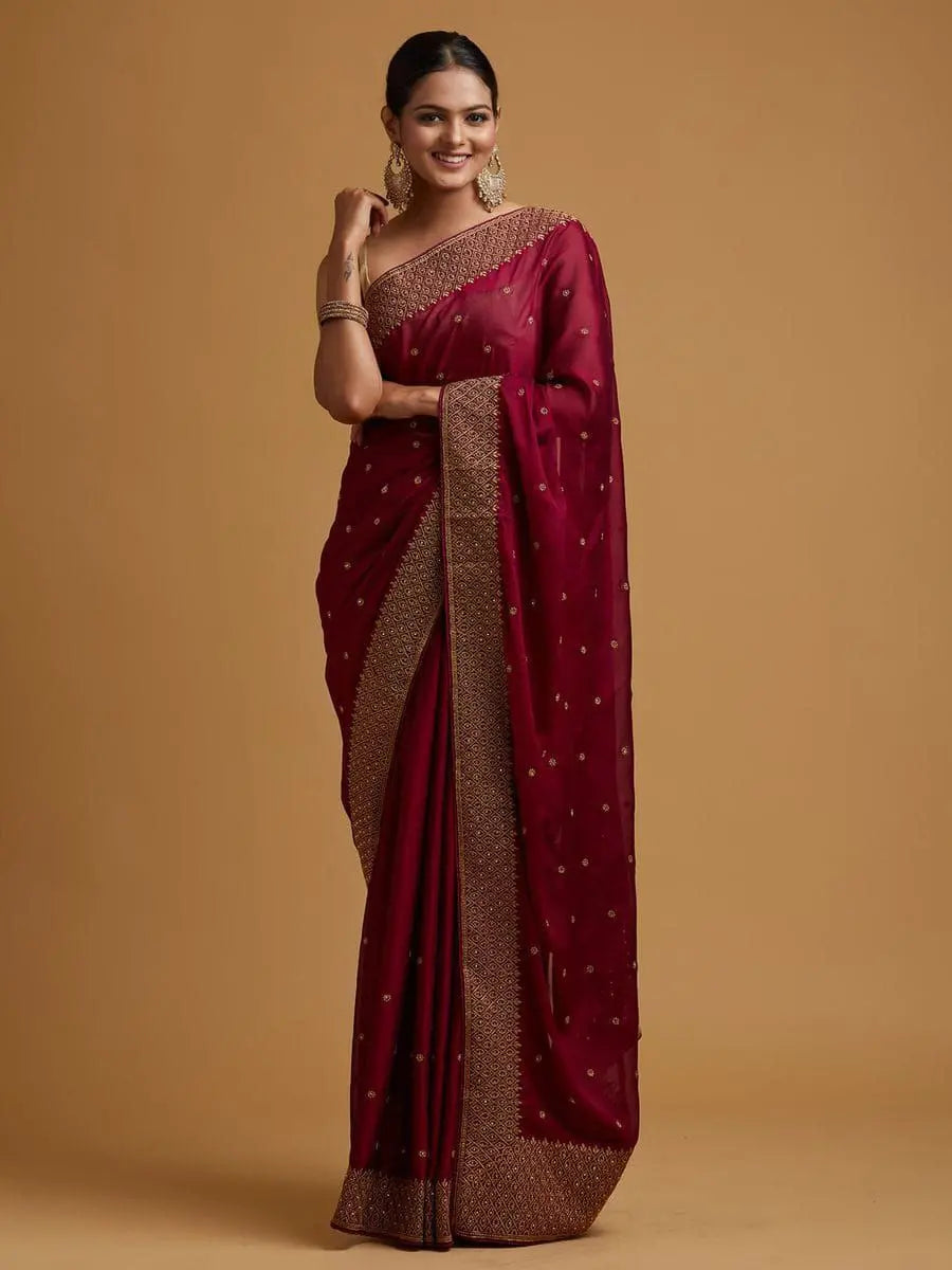 Wine Zariwork Semi Crepe Designer Saree NextBuy