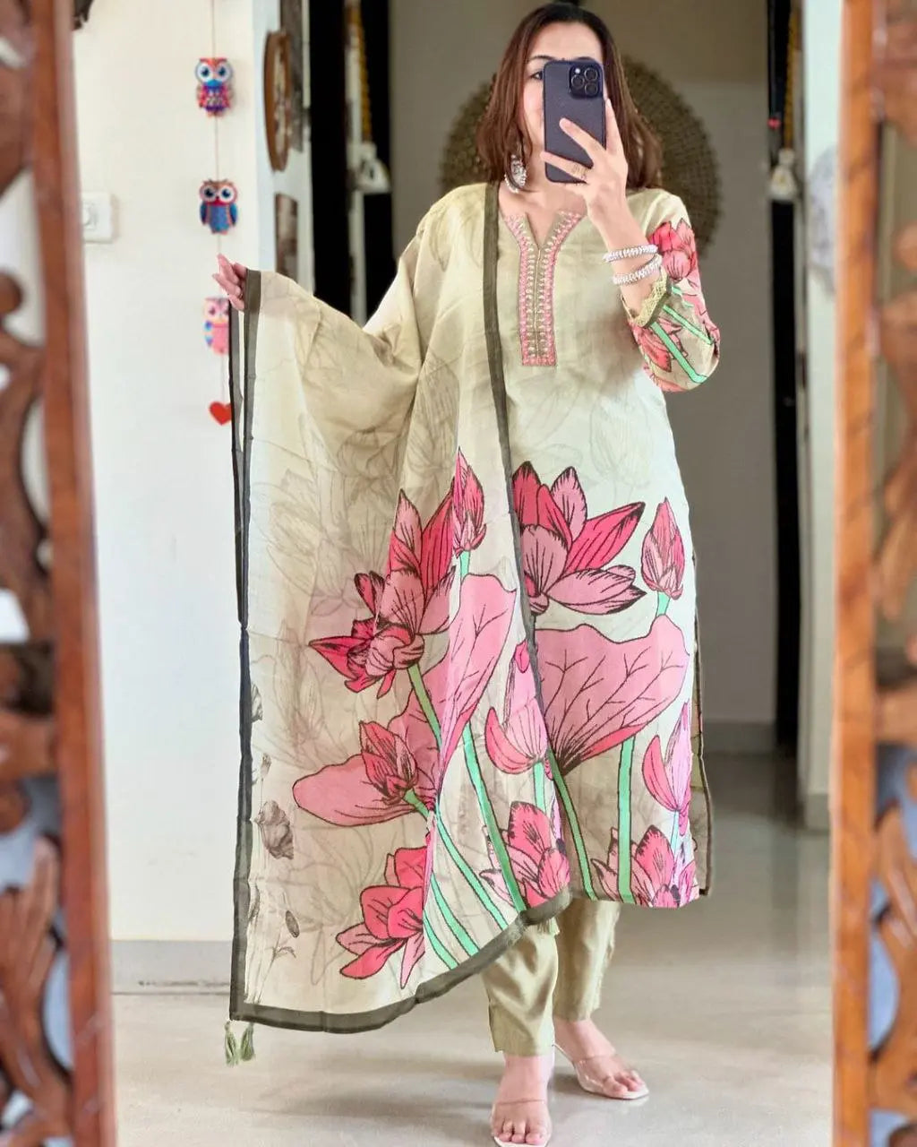 Women Floral Straight Mirror Worked Kurta Pants Set with Dupatta NextBuy