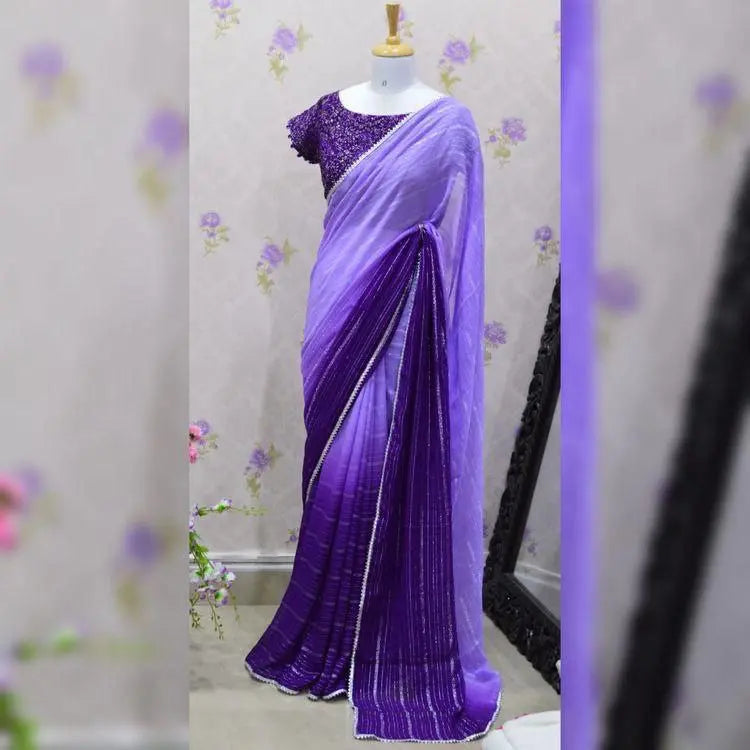 Beautiful Pure Georgette Saree with Print on All Side Attached Heavy Lace NextBuy
