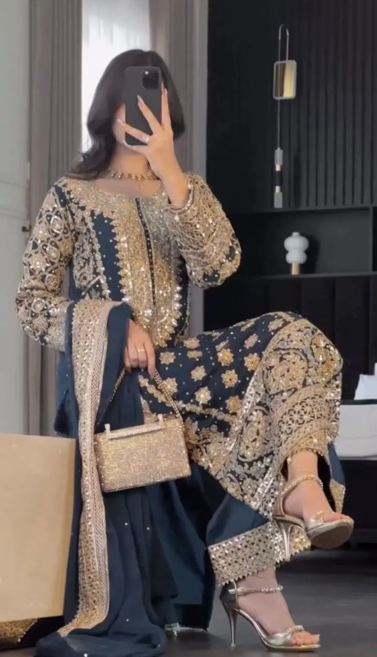New Collection In Faux Georgette With Heavy Embroidery Sequence Work Top-Bottom And Dupatta Set NextBuy