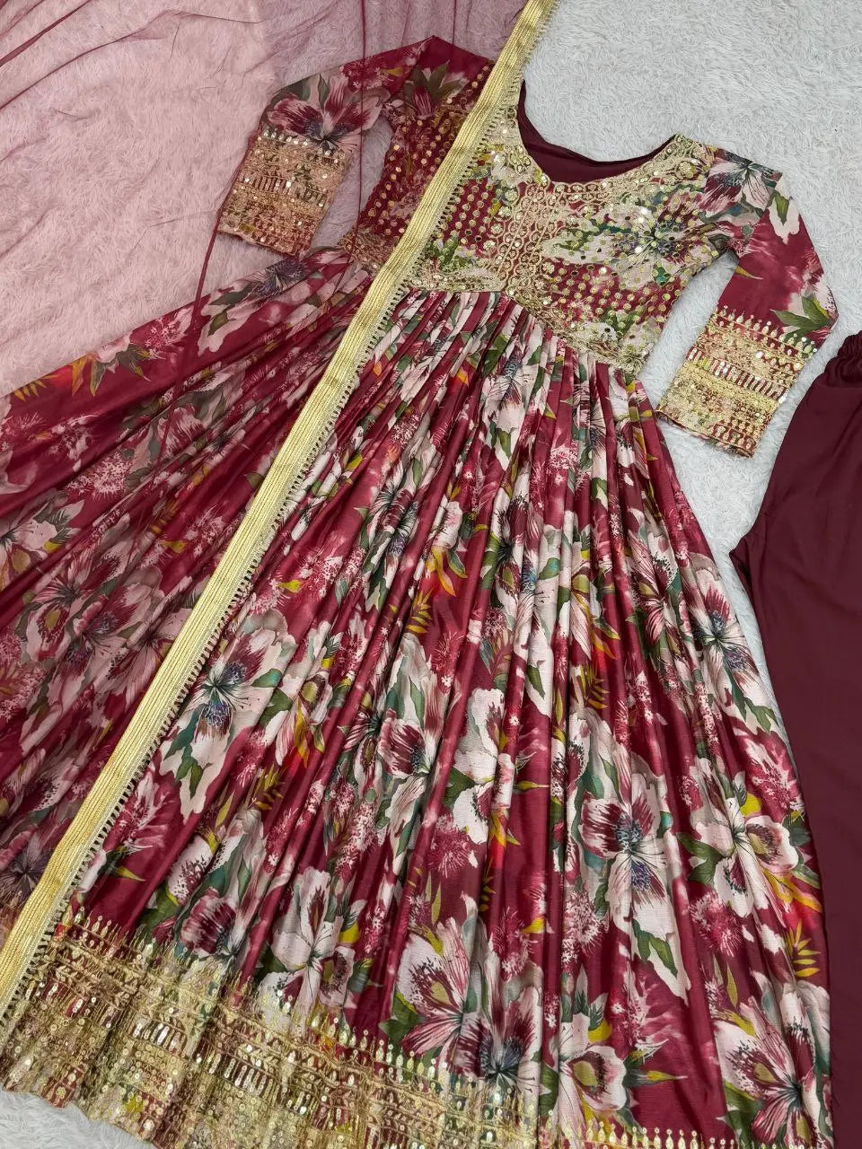 Elegant 3-Piece Gown Set with Dupatta & Bottom - Premium Chinon Silk with Embroidery Work NextBuy