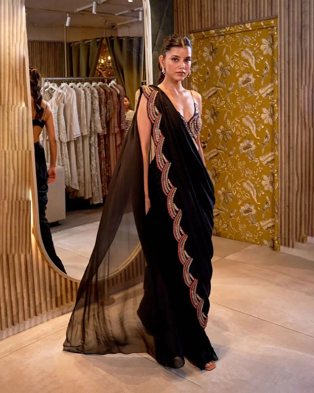 Beautiful Designer Faux Georgette Saree with Thread & Sequence Work, Shrug, and Blouse NextBuy