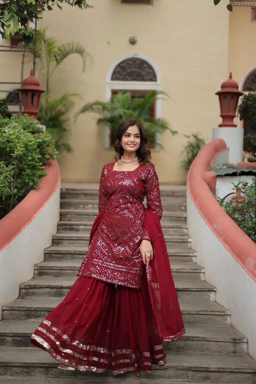 Premium Designer Sharara Suit in Maroon – Embroidered Top, Sharara & Dupatta with Sequins Work, Perfect for Weddings & Festive Wear