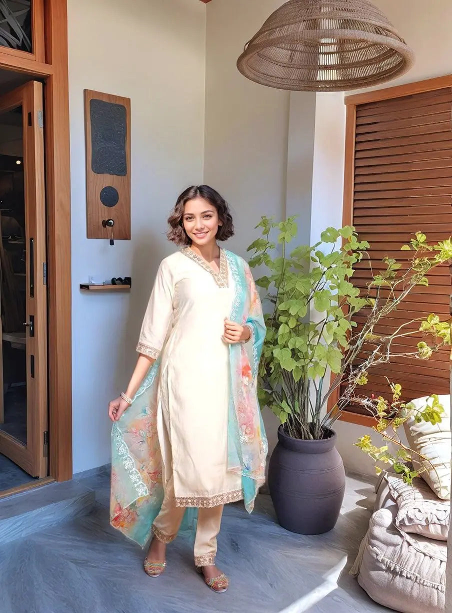 Elegant Pv Chanderi Cotton Set with Heavy Embroidered Work