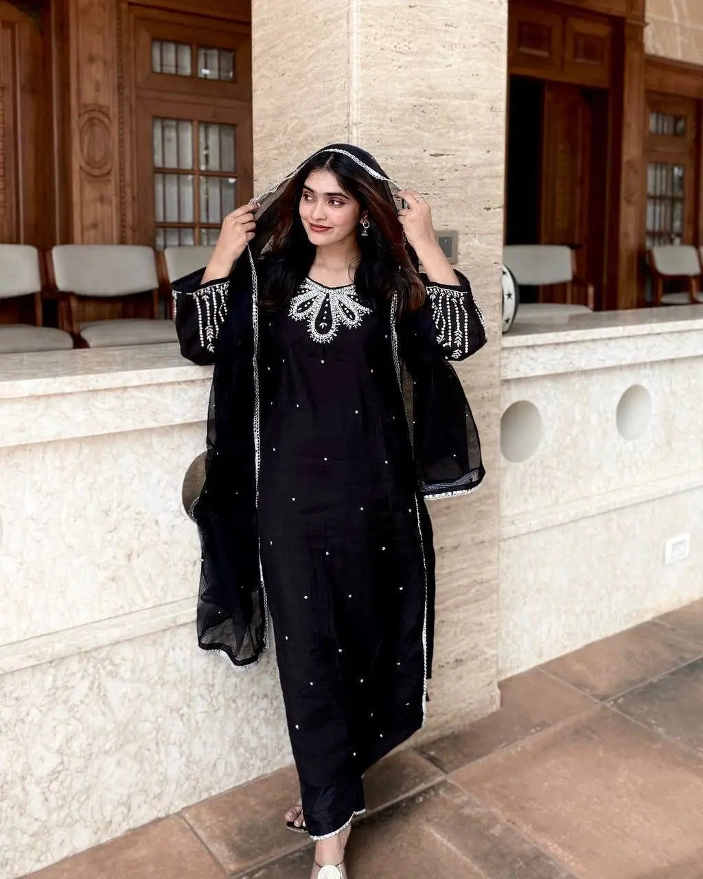 Elegant Muslin Cotton Kurti with Sequins Embroidery and Lace Work