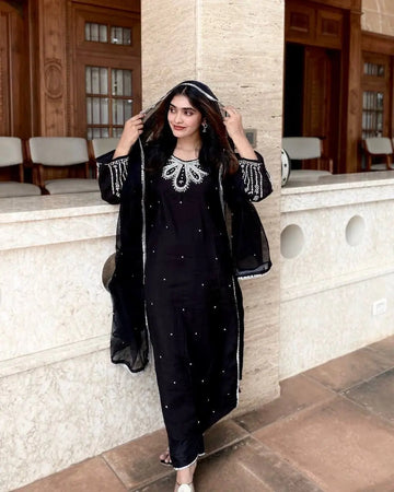 Elegant Muslin Cotton Kurti with Sequins Embroidery and Lace Work