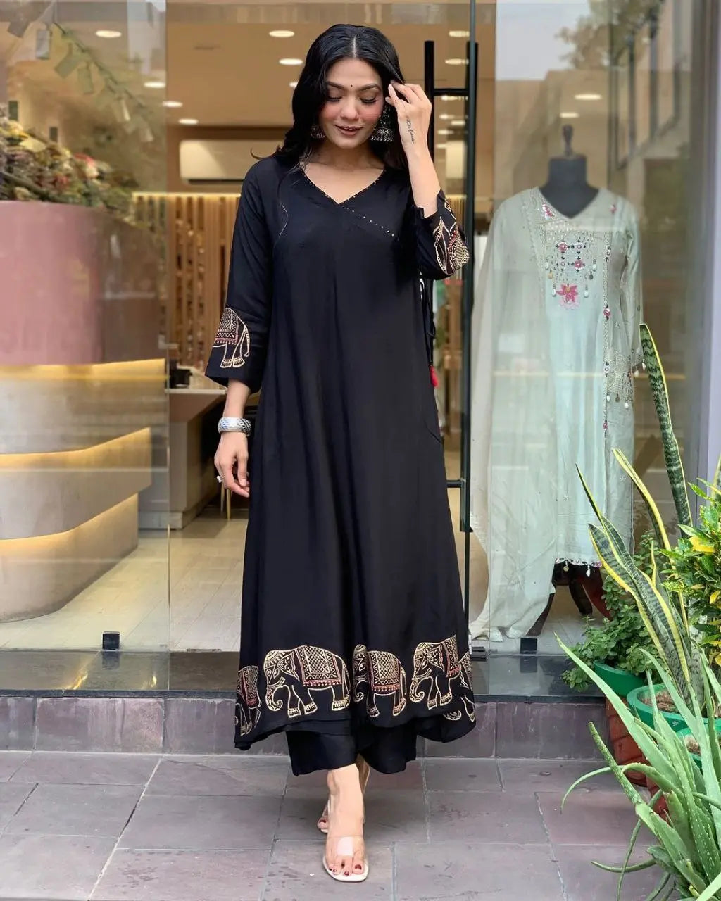Black Elephant Gold Print Suit Set with Zari Weaving