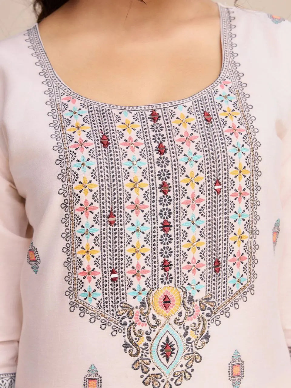 Cotton Mirror Work Kurti Set featuring Intricate Jacquard Work and Mirror Embellishments