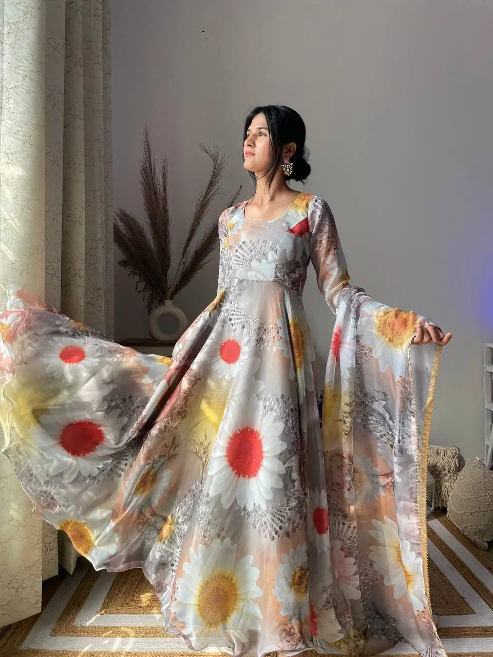 New Party Wear Gown with Dupatta and Pant in Organza Taby Silk