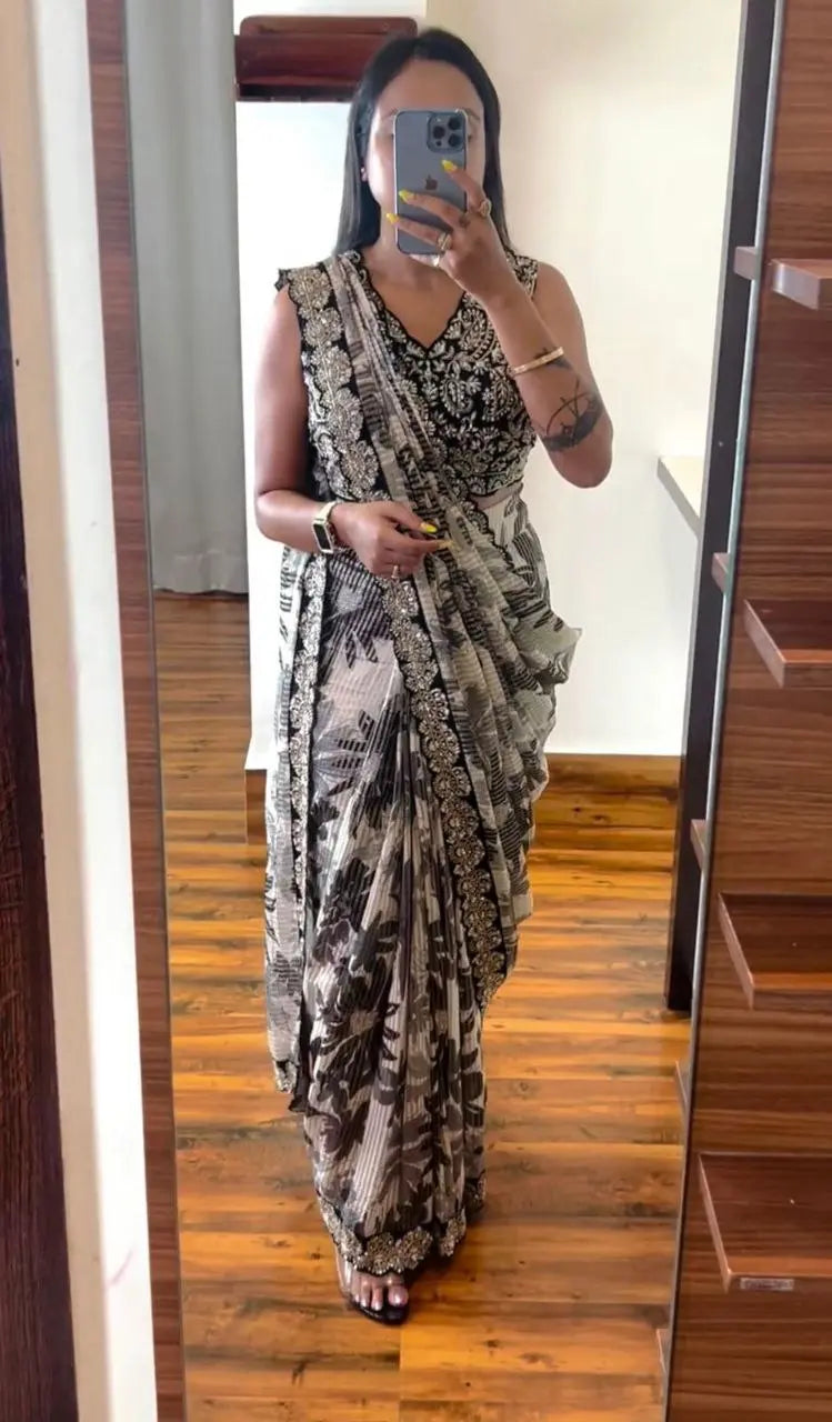 Ready to Wear Saree with Embroidery Cording Work on Heavy Georgette Fabric
