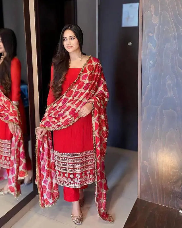 Red Embroidered Suit Set with Patola Dupatta for Special Occasions