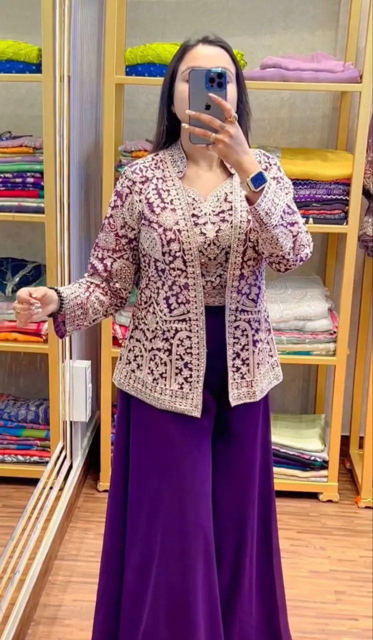 Ready Made Plazzo & Blouse Set with Designer Shrug for Women