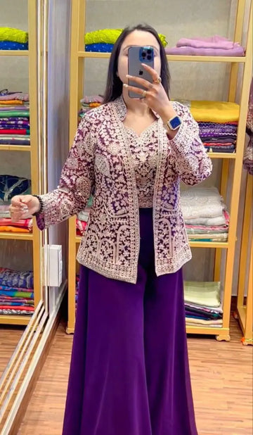 Ready Made Plazzo & Blouse Set with Designer Shrug for Women