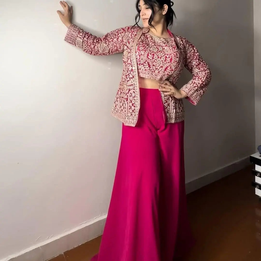 Faux Georgette Ready Made Plazzo & Blouse Set with Designer Shrug