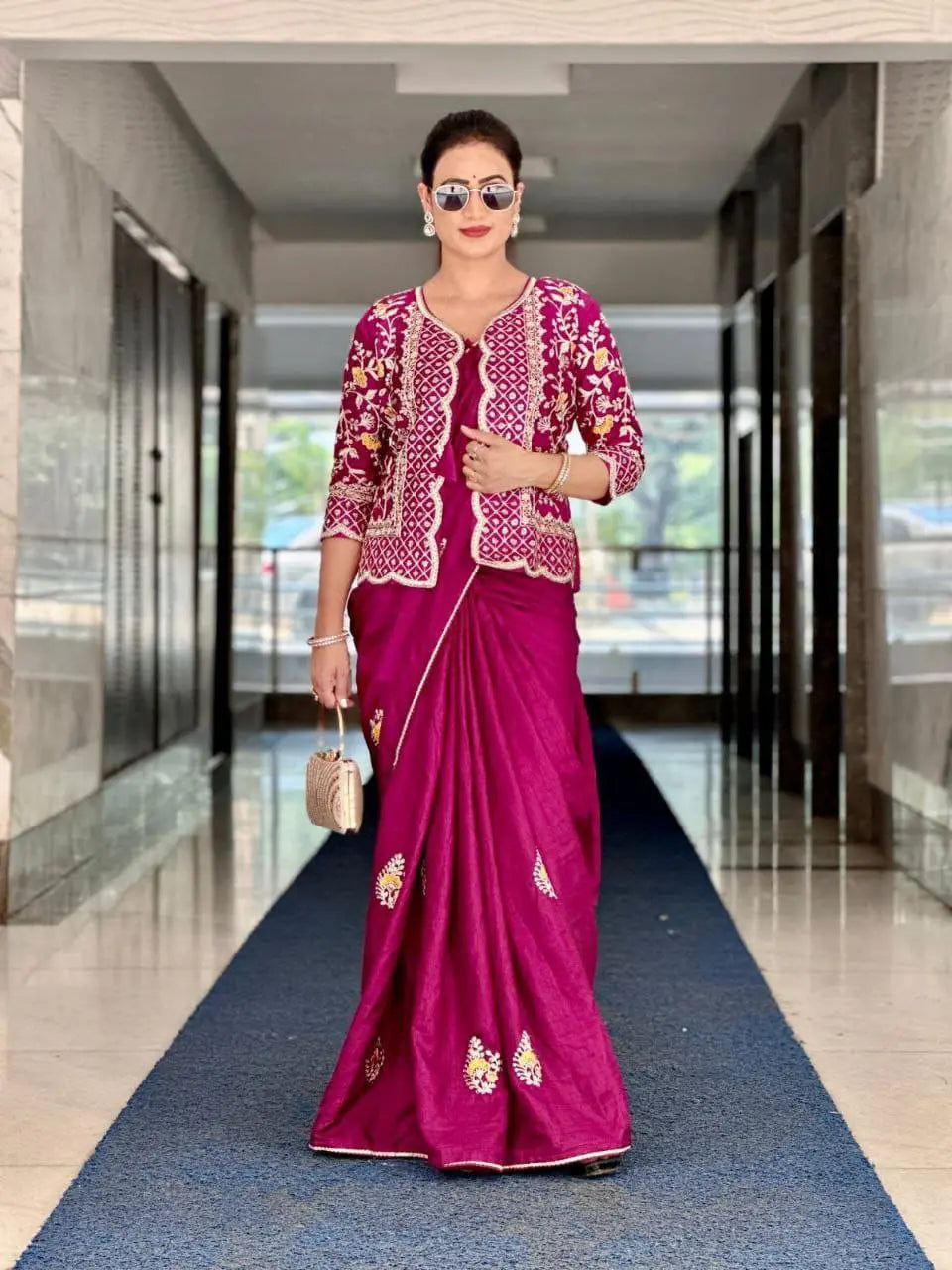 Embroidery Cording Work Saree with Full Koti and Banglori Blouse in Dolla Silk