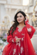 Red Flake Embroidered Georgette Suit Set – Elegant ethnic wear with intricate embroidery and a stylish dupatta.