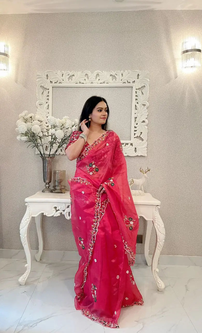 Pure Organza Khadi Silk Saree – Elegant saree with intricate embroidery and sequins work.