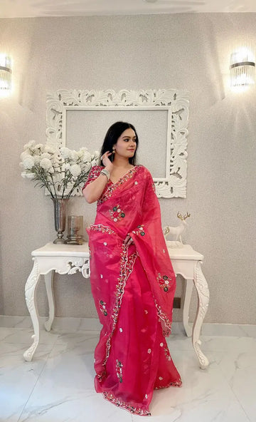 Pure Organza Khadi Silk Saree – Elegant saree with intricate embroidery and sequins work.
