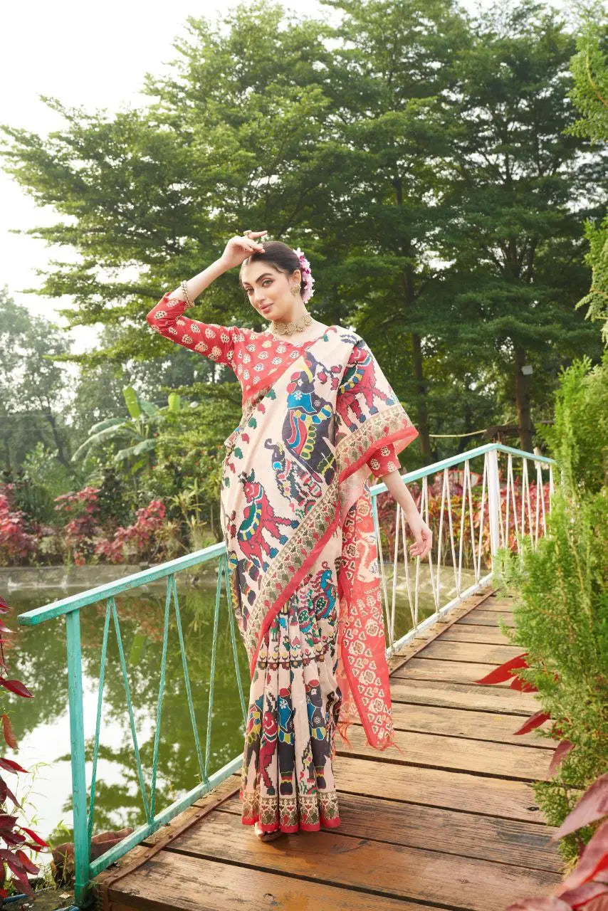 Patola Saree in Soft Tussar Silk – Elegant traditional saree with contrast pallu and blouse piece.