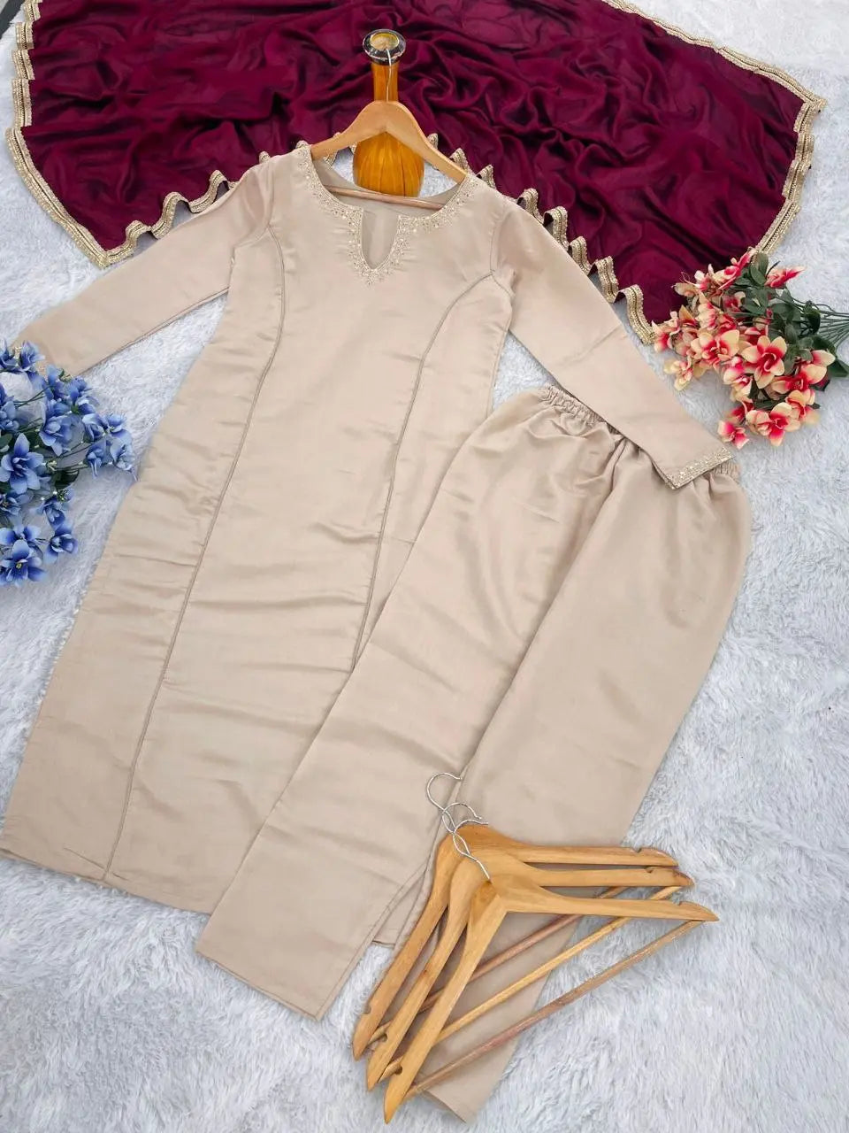 New Roman Fabric Suit Set – Elegant Embroidered Women's Ethnic Wear NextBuy