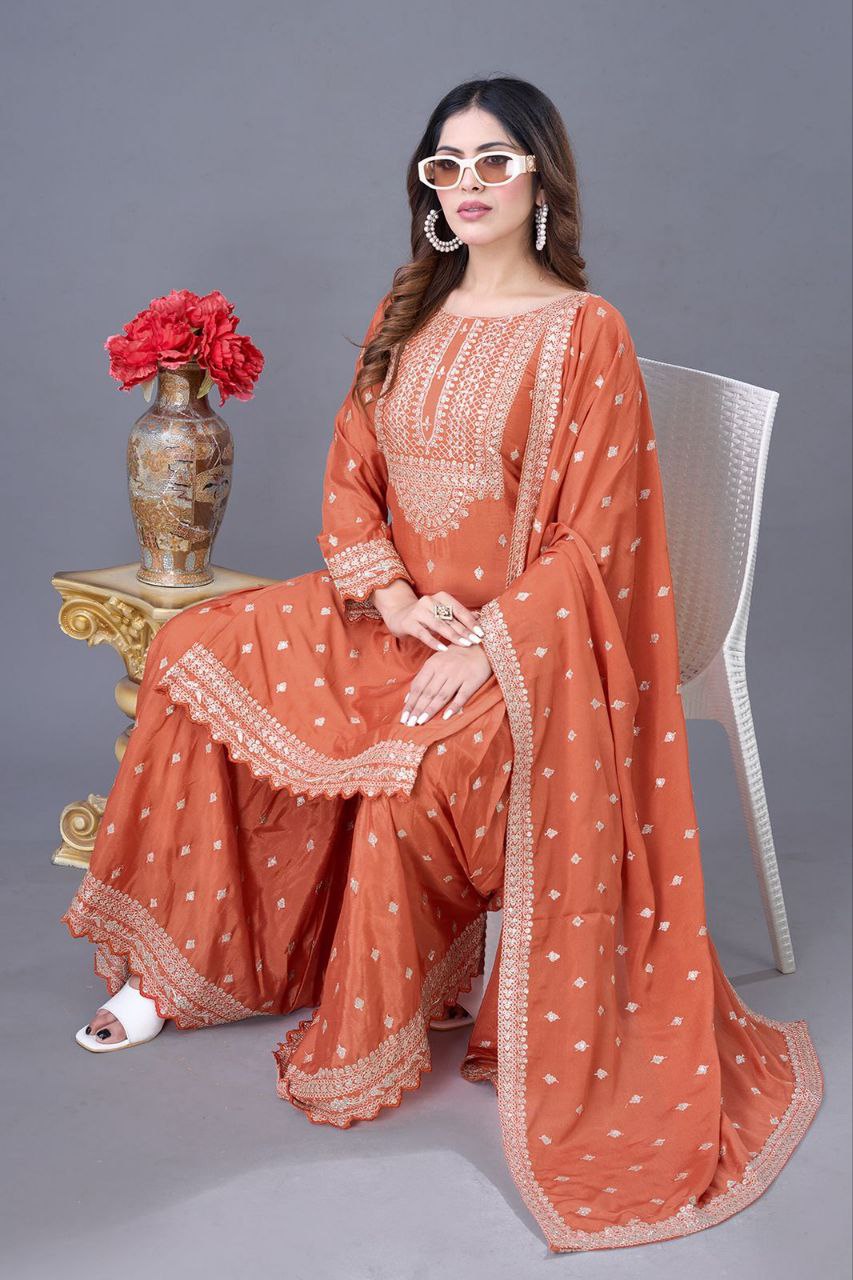 Designer Party Wear Sharara Set – Heavy Chinon Silk with Embroidery NextBuy