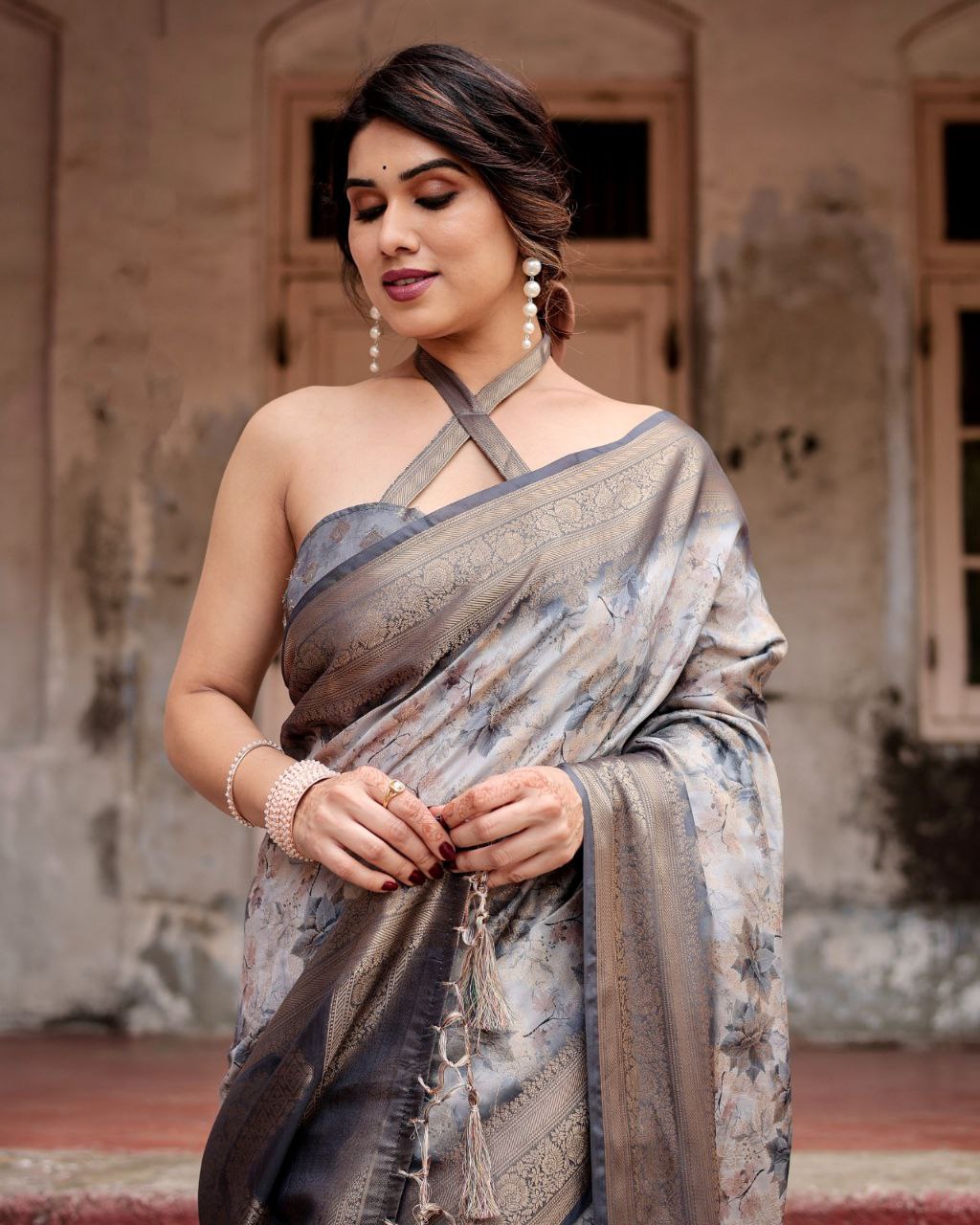 Elegant Banarasi Digital Printed Silk Saree – Charcoal Grey | Wedding & Party Wear NextBuy