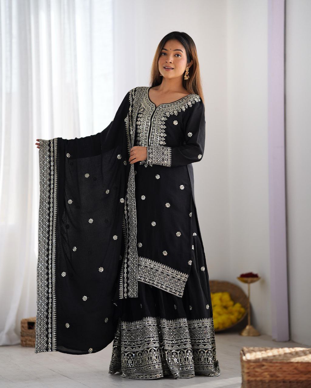 Chinnon Silk Embroidered Top with Sharara Plazo and Dupatta – Women’s Ethnic Set NextBuy