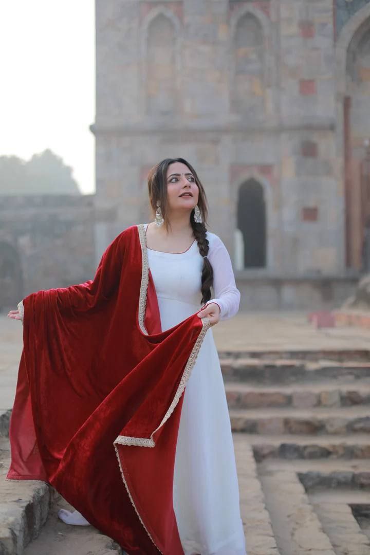 Elegant White Anarkali Suit with Velvet Dupatta – Premium Ethnic Wear NextBuy
