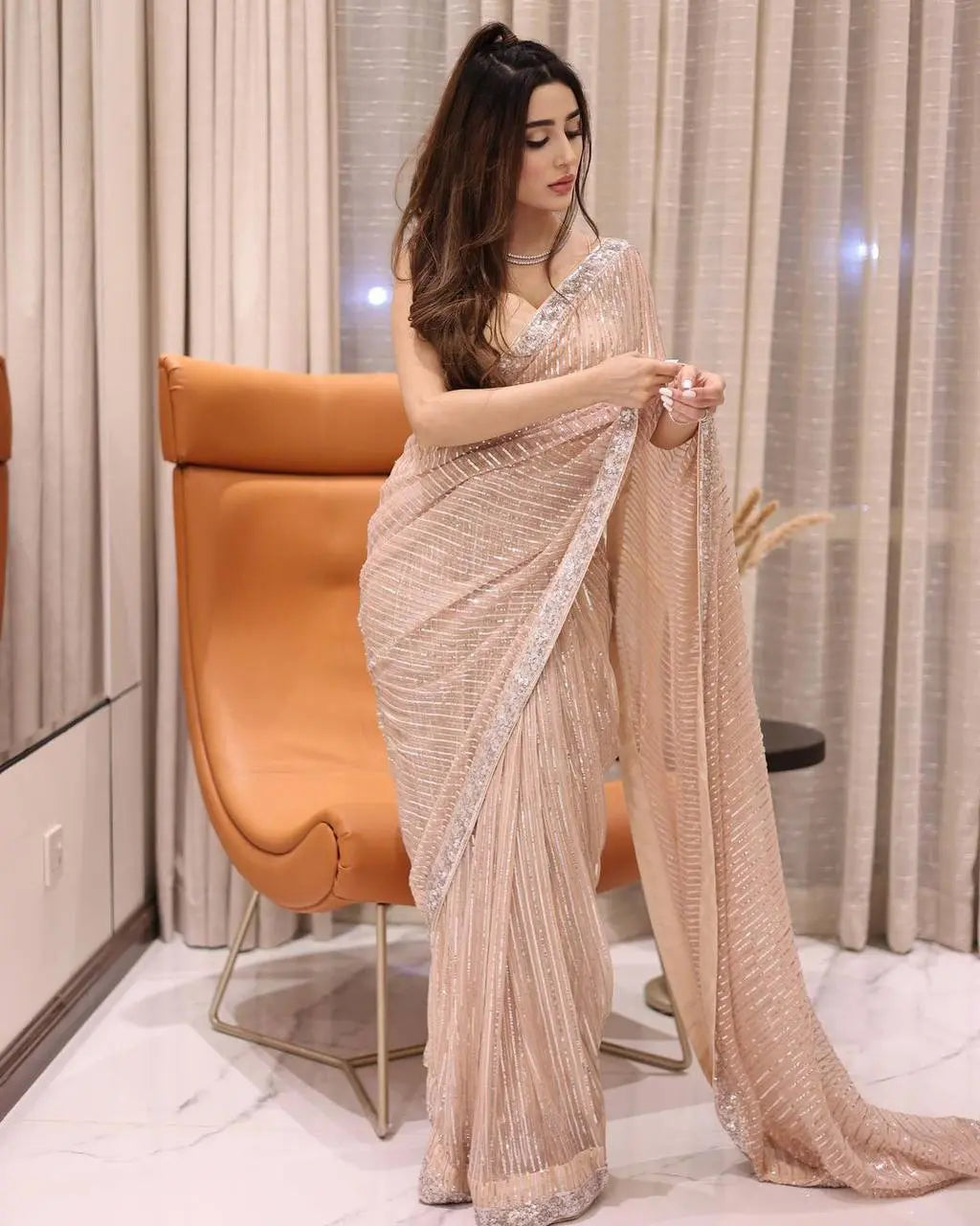 Full Saree Of Georgette With Heavy 3MM Sequins Embroidery Work - NextBuy