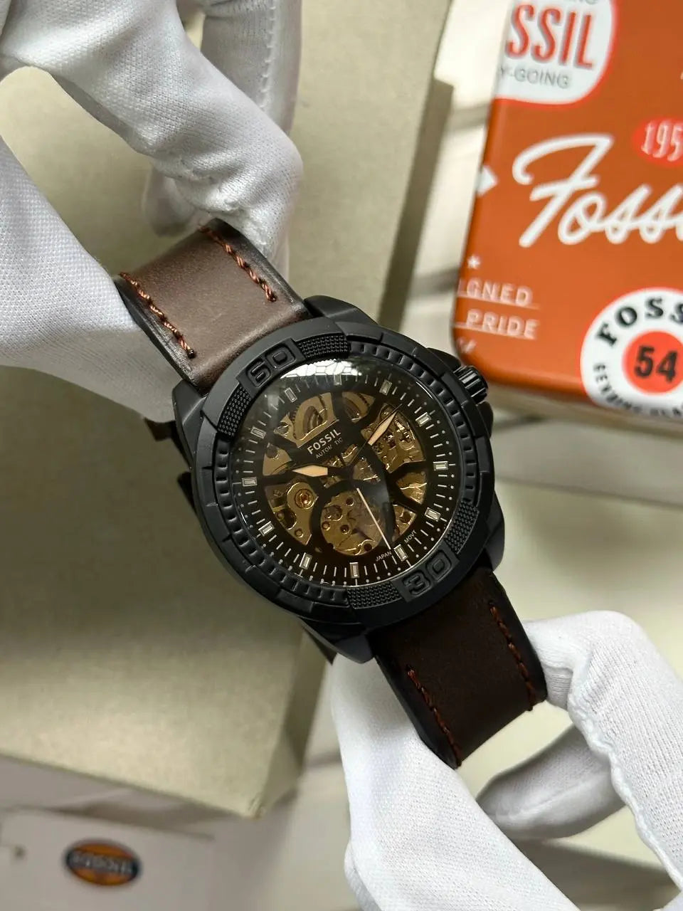 Fossil Men's Automatic Watch with Skeleton Dial – A timeless watch with an automatic movement, brown leather strap, and a skeleton dial, perfect for those who appreciate fine craftsmanship.