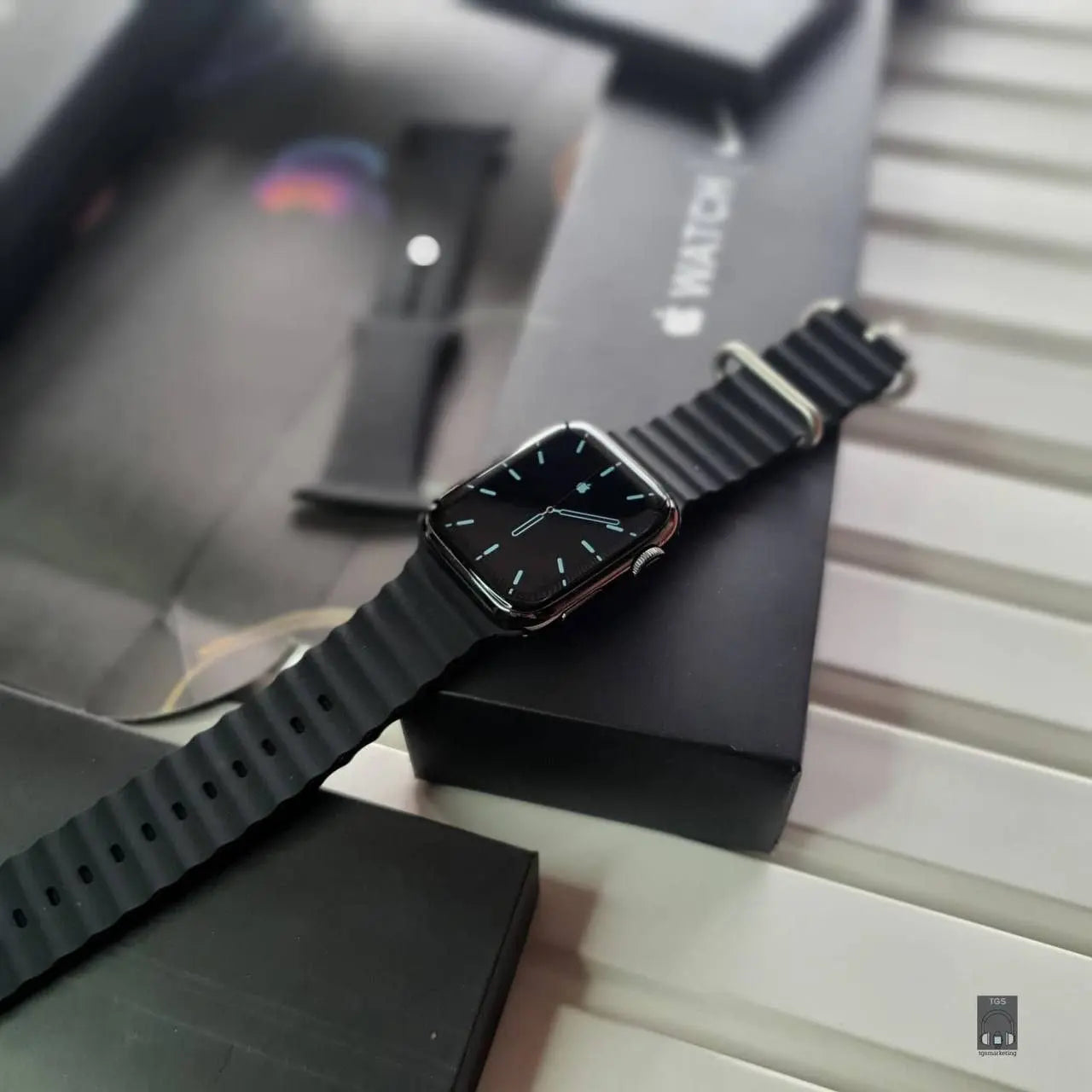 Series 8 Fitness & Heart Rate Tracker – Stay on top of your health with this smartwatch, featuring an Apple logo, a durable ocean strap, and fitness tracking capabilities.