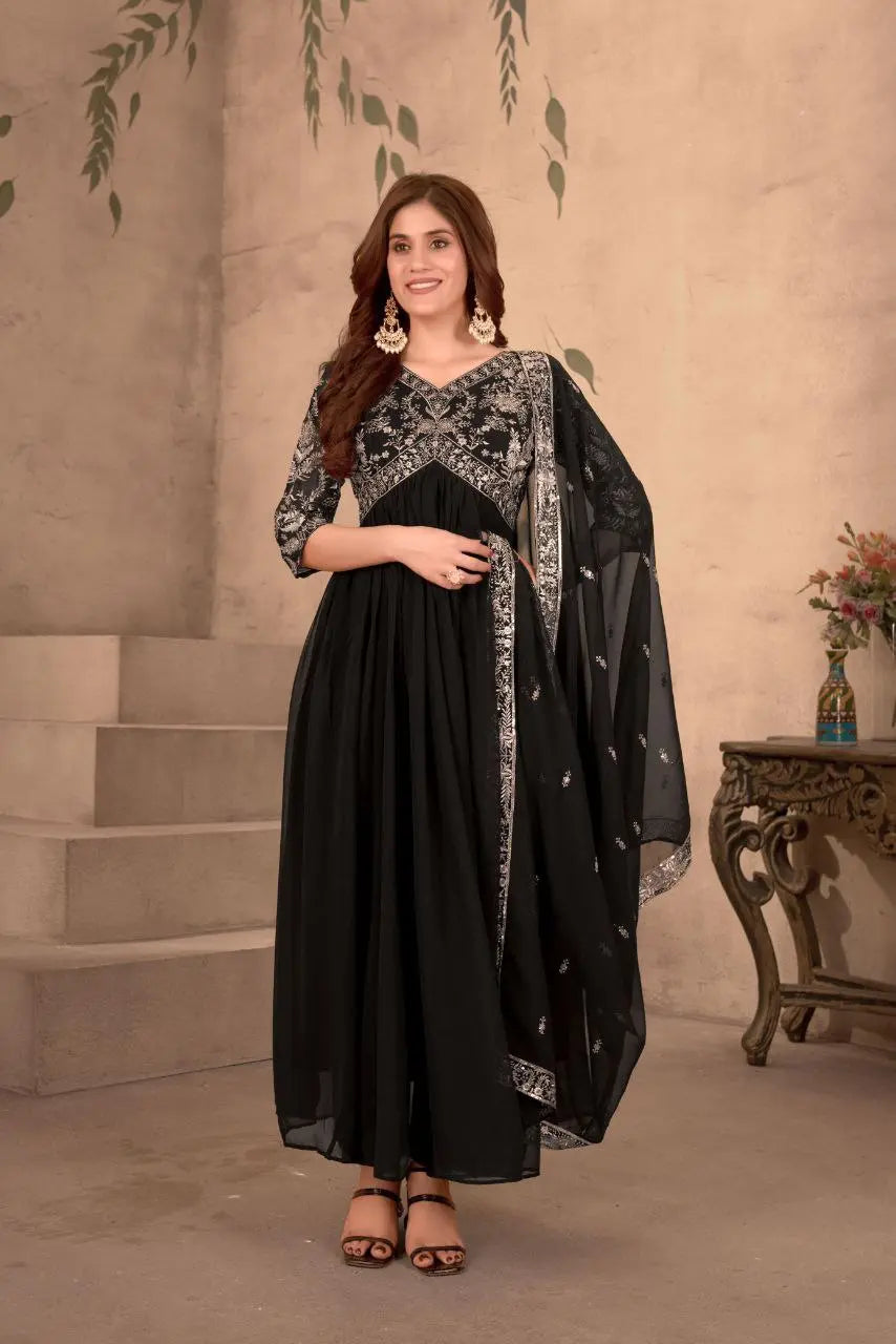 Black Embroidery Gown With Dupatta And Pant NextBuy