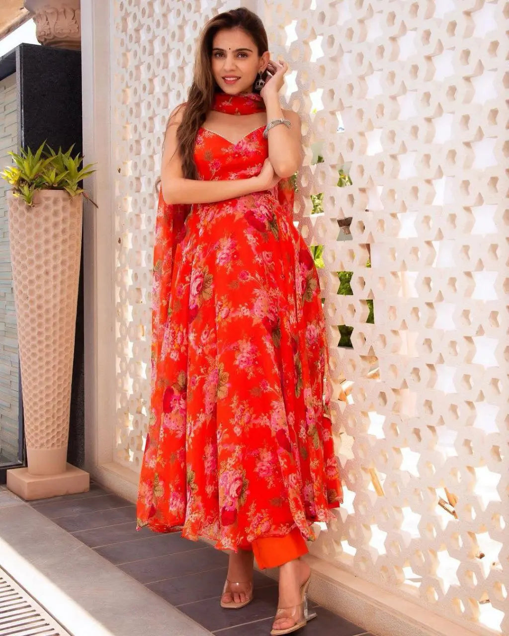 Women Orange Floral Printed Kurta with Trousers & With Dupatta NextBuy