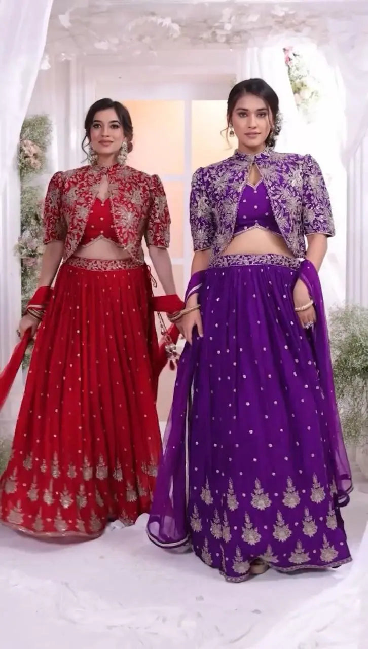 Designer Wedding Wear Crop Top Embroidery Work Lehenga Choli With Jacket (2 Colors) NextBuy