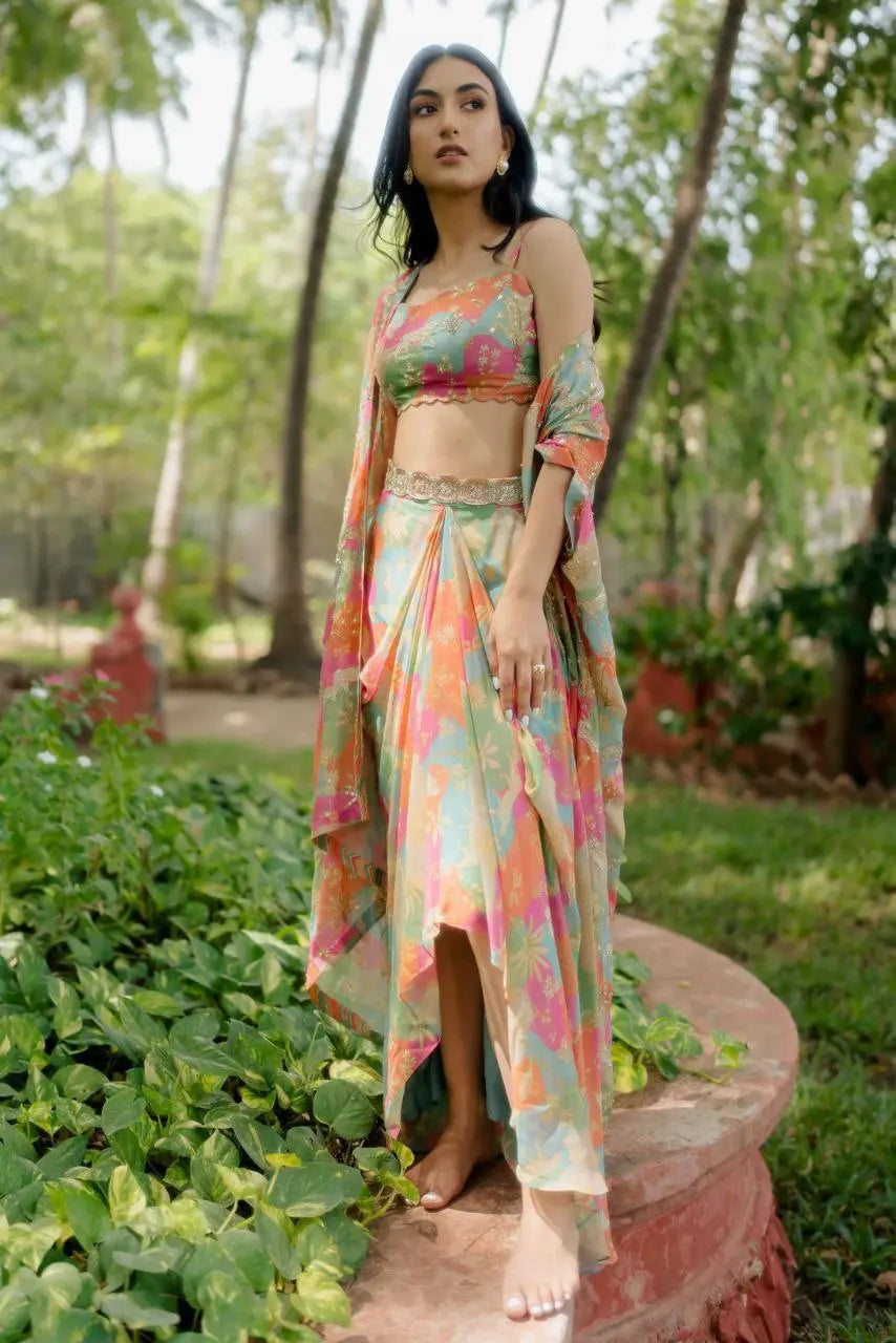 DESIGNER FANCY WESTERN STYLE CREAP SILK PRINTED AND PAN MIROR WORK KOTI, BLOUSE WITH WESTERN BOTTOM NextBuy