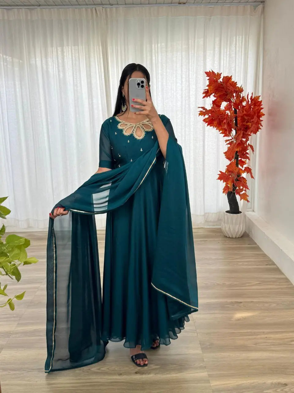 New Party Wear Rangoli Georgette Gown with Dupatta – Elegant Two-Tone Maroon Red Gown Set NextBuy