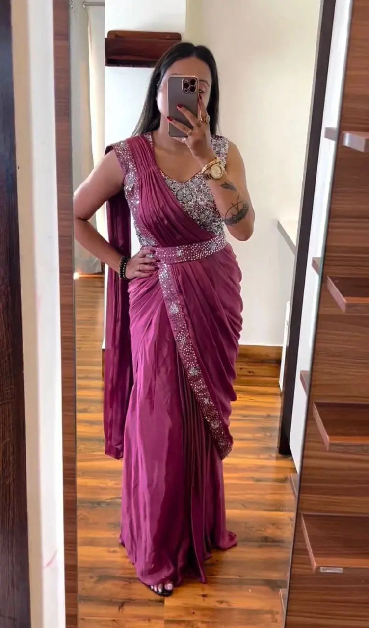 Super Trending Embroidery Cording Work Ready-to-Wear Saree with Embroidery Blouse NextBuy